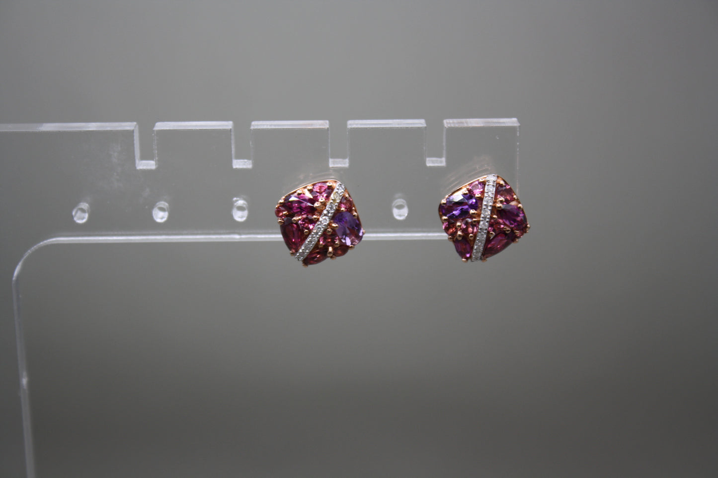 10K Rose Gold Tourmaline, Garnet, Amethyst & Diamond Stud Earrings