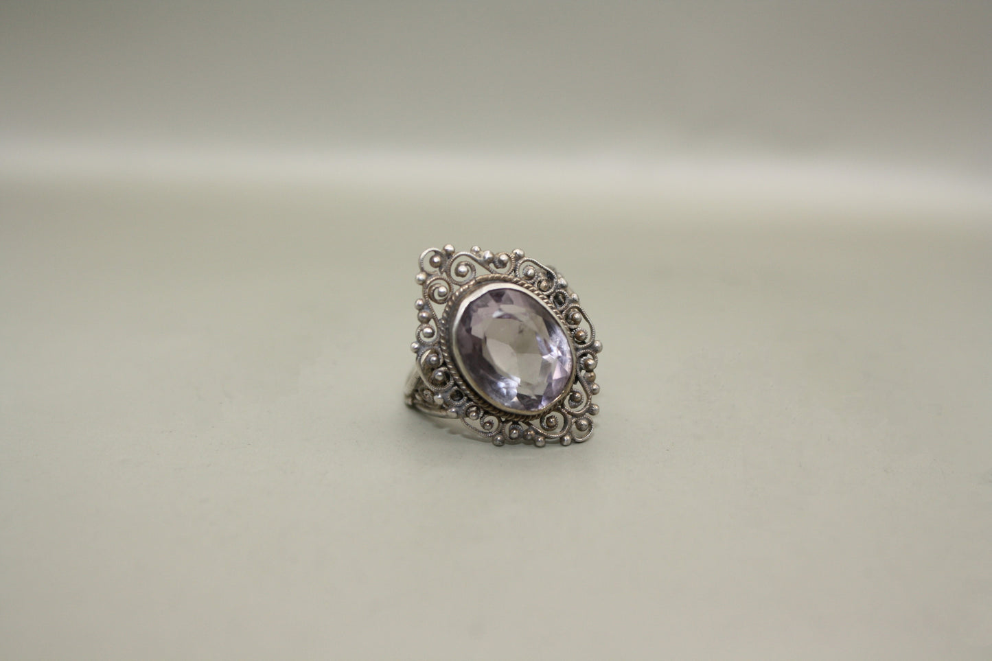 Antique 800 Silver Natural Amethyst Art Nouveau Filigree Ring