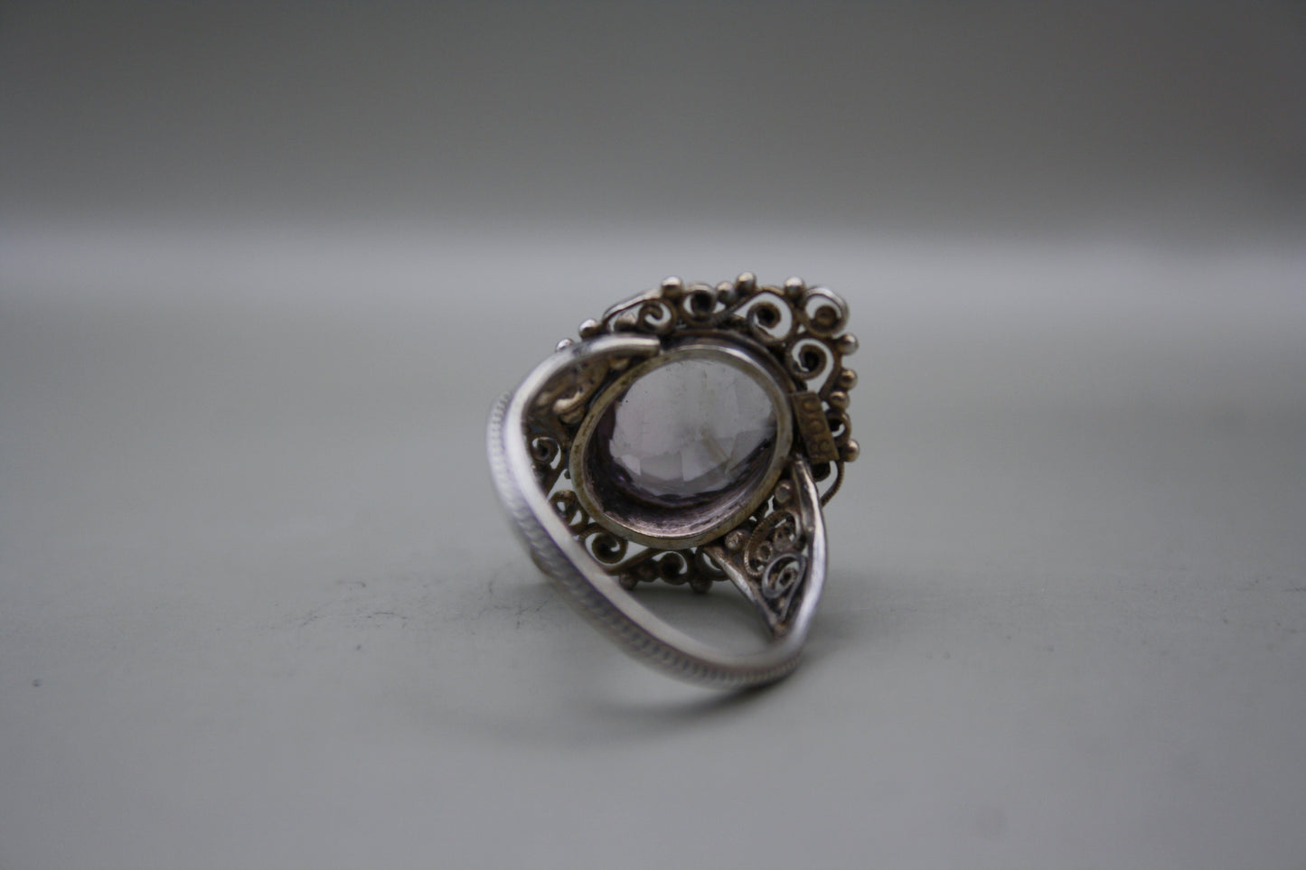 Antique 800 Silver Natural Amethyst Art Nouveau Filigree Ring