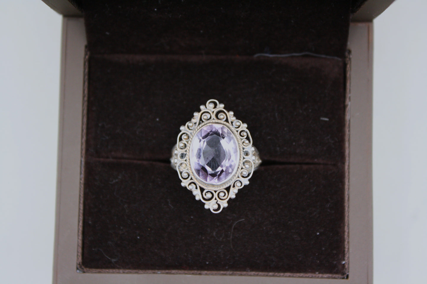 Antique 800 Silver Natural Amethyst Art Nouveau Filigree Ring