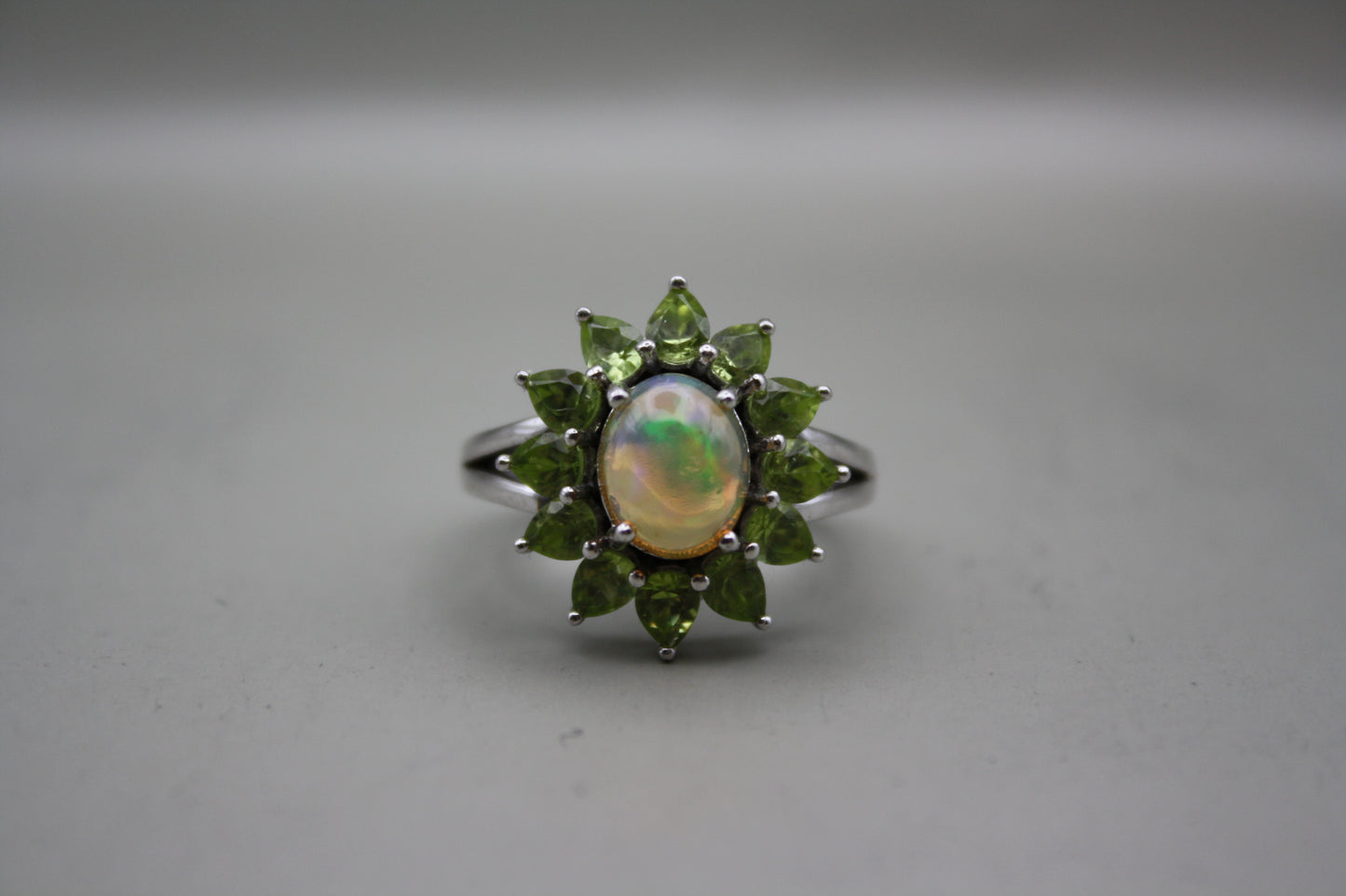 Sterling Silver Welo Opal Ring with Chrome Diopside Halo