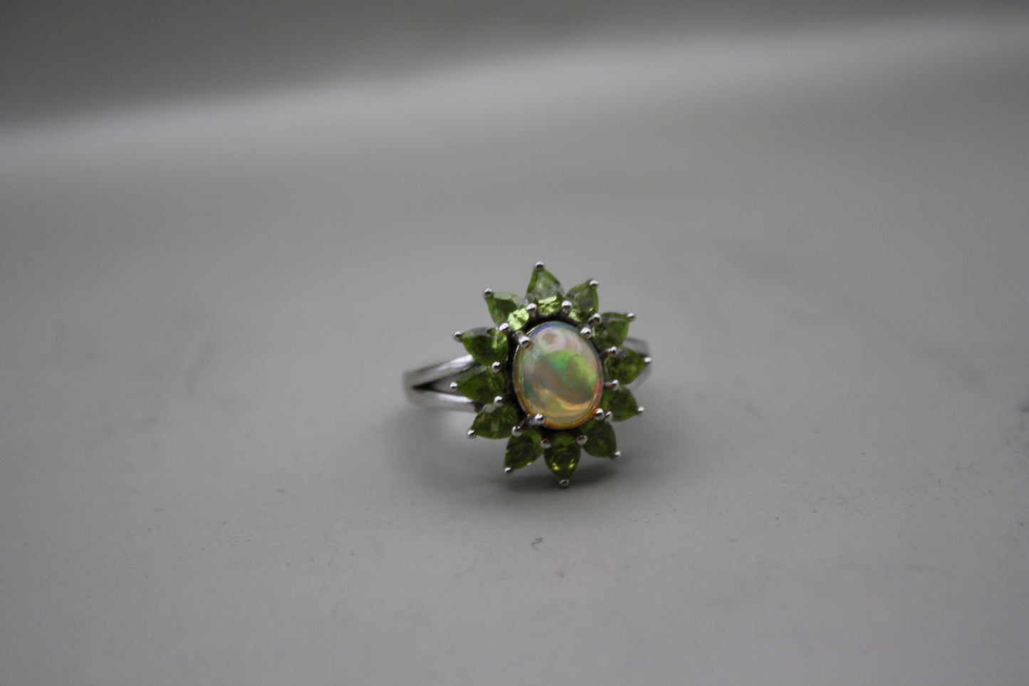 Sterling Silver Welo Opal Ring with Chrome Diopside Halo