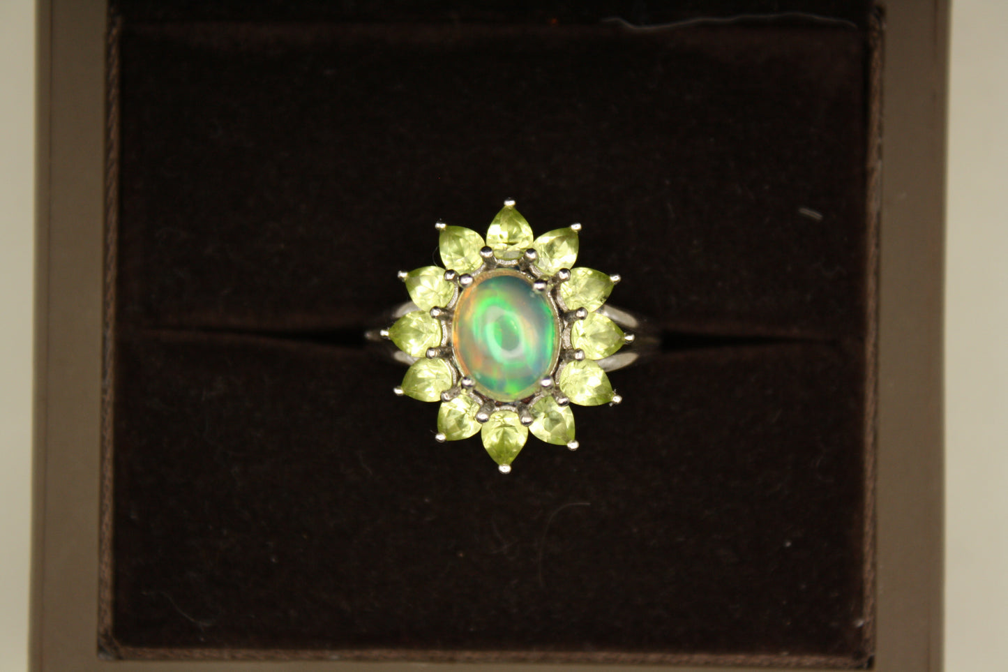 Sterling Silver Welo Opal Ring with Chrome Diopside Halo