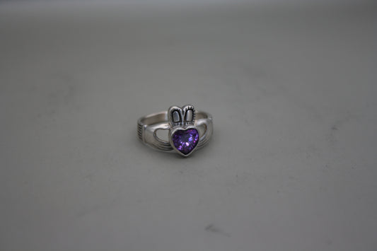 Sterling Silver Heart-Cut Amethyst Claddagh Ring