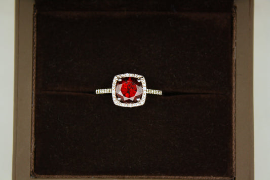 Sterling Silver Cushion Cut Garnet Ring with Diamond Accents