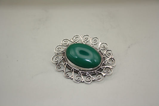 Large Vintage Mexican Sterling Silver Green Onyx Brooch/Pendant with Filigree Design