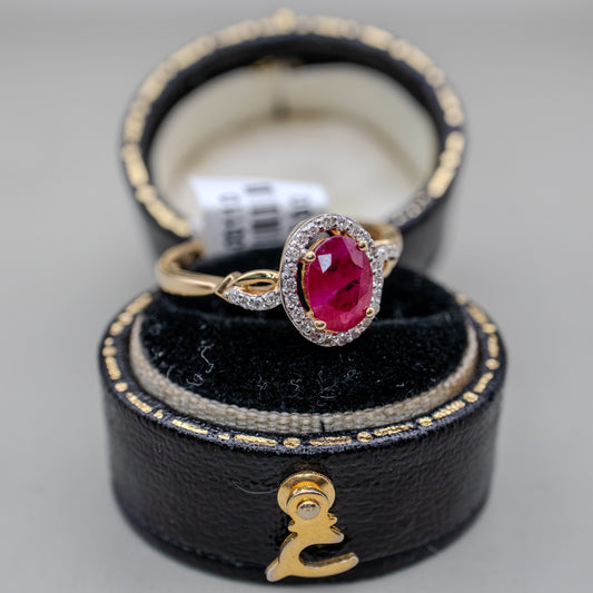 14K Yellow Gold Oval Ruby Ring with Diamond Halo