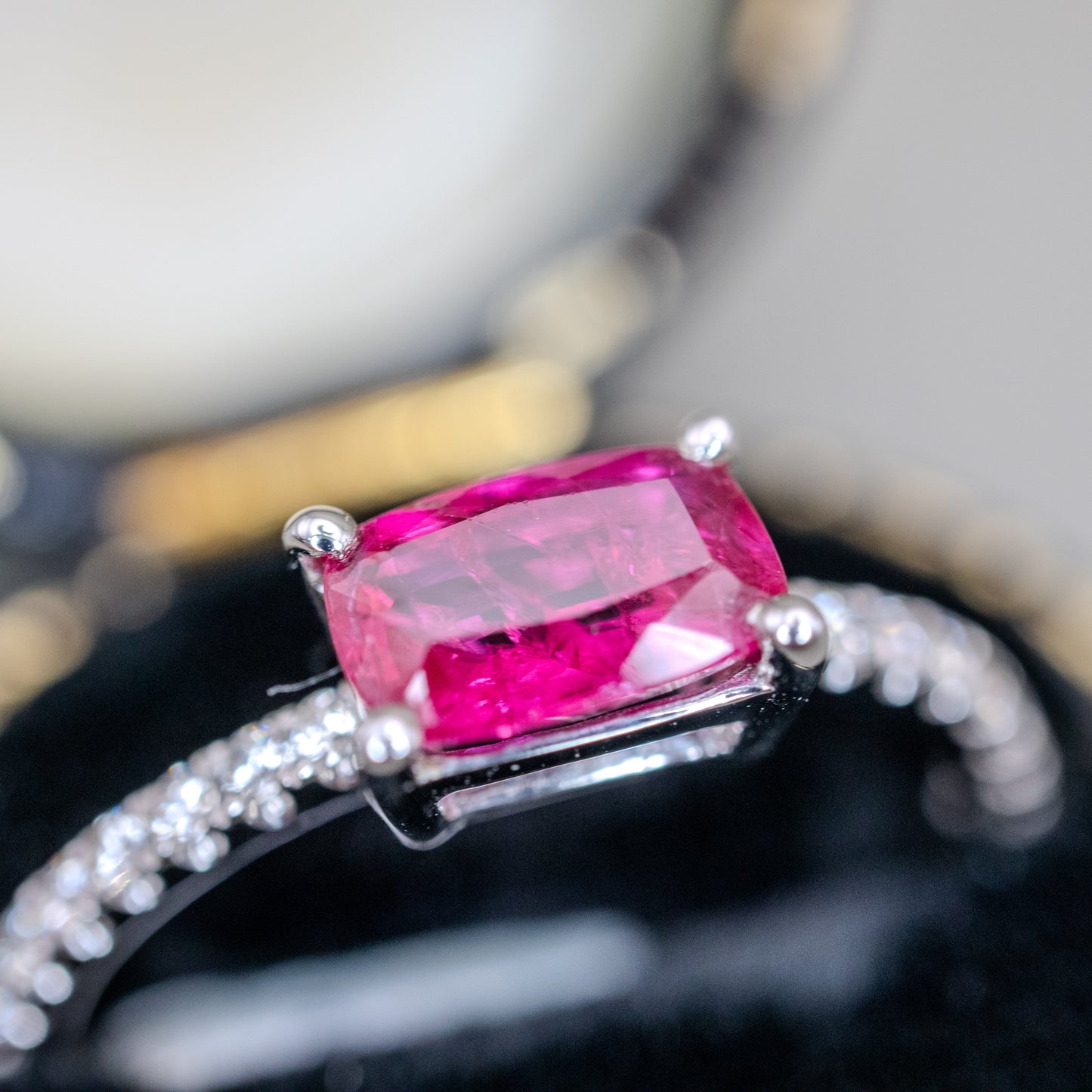 14K White Gold Ruby (0.95ct) and Diamond (0.15ctw) Ring - Emerald Cut Solitaire