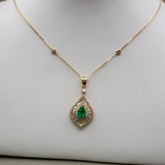 14K Yellow Gold Emerald and Diamond Pendant Necklace