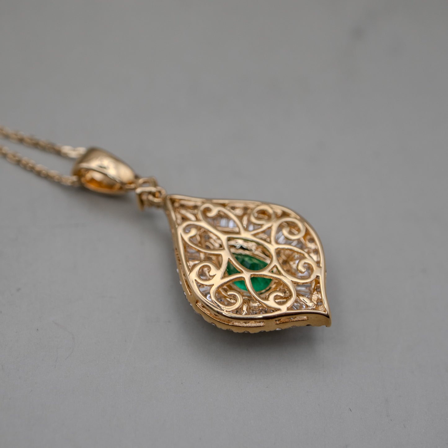 14K Yellow Gold Emerald and Diamond Pendant Necklace