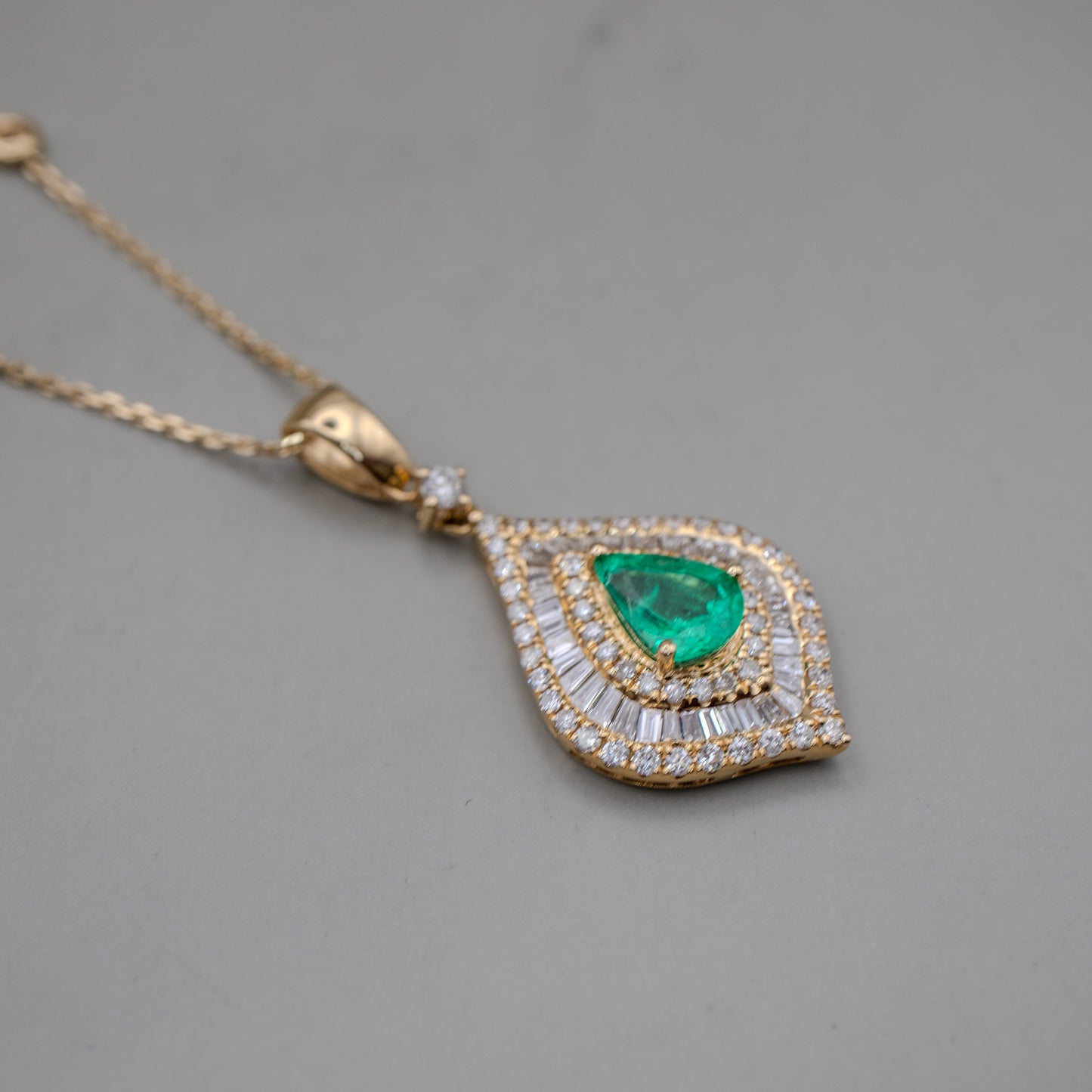 14K Yellow Gold Emerald and Diamond Pendant Necklace