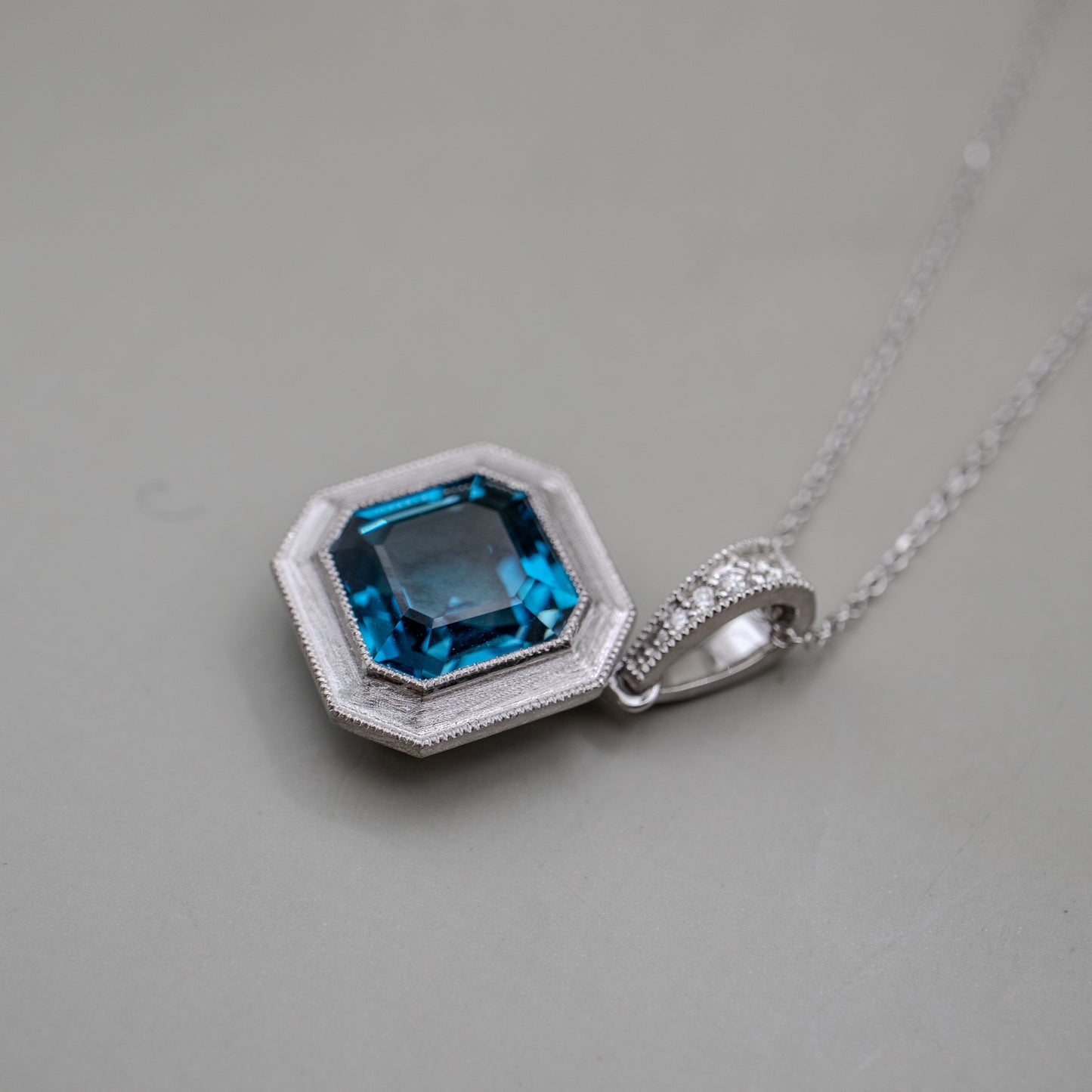 14K White Gold London Blue Topaz Pendant with Accent Diamonds