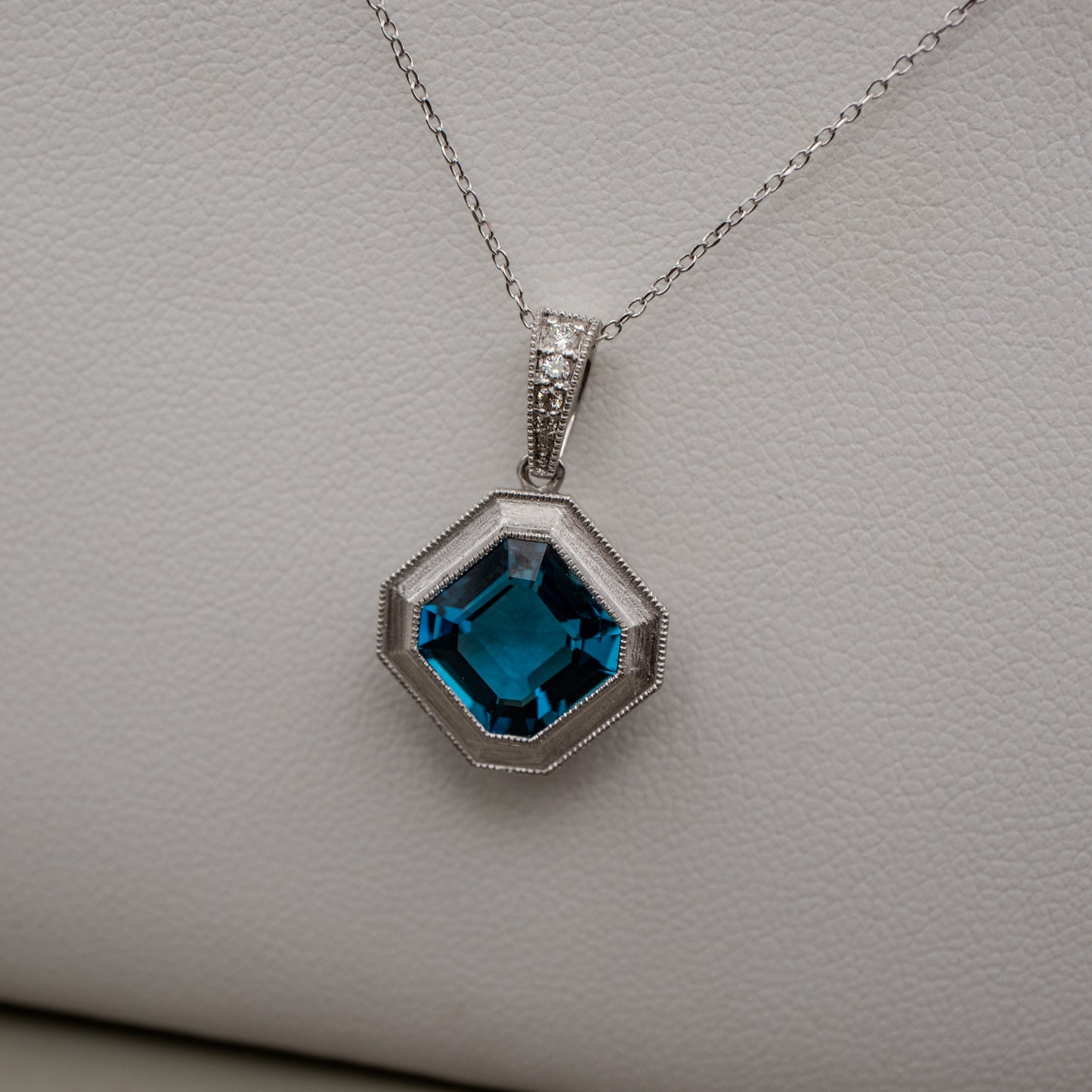 14K White Gold London Blue Topaz Pendant with Accent Diamonds