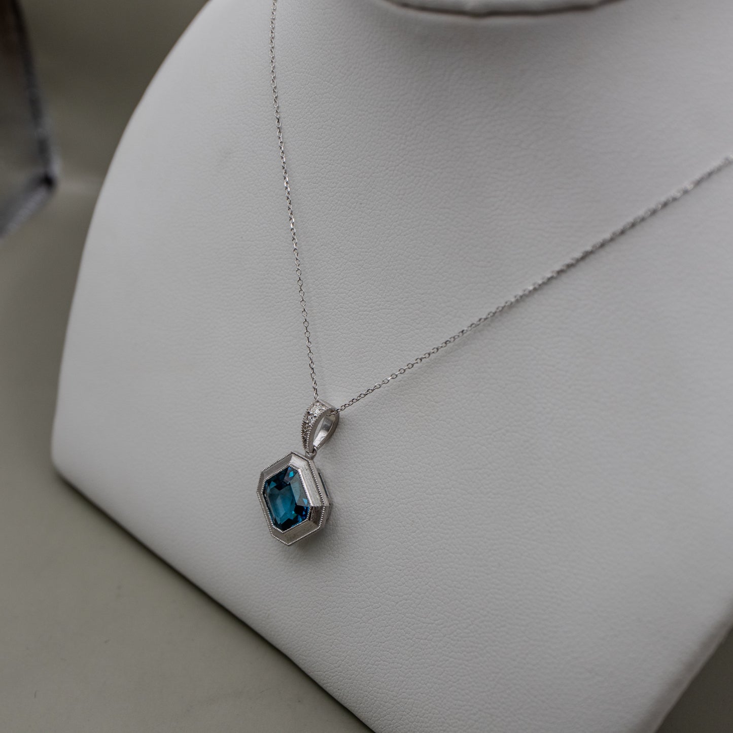 14K White Gold London Blue Topaz Pendant with Accent Diamonds