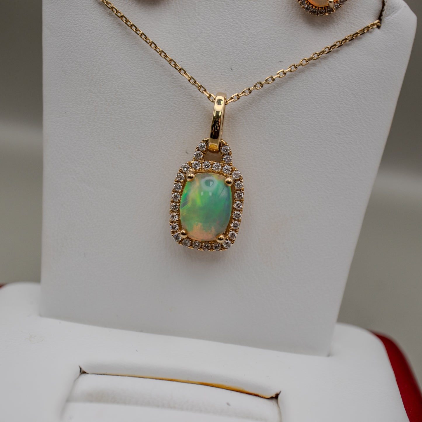 14K Yellow Gold Ethiopian Opal Diamond Earrings & Necklace Set