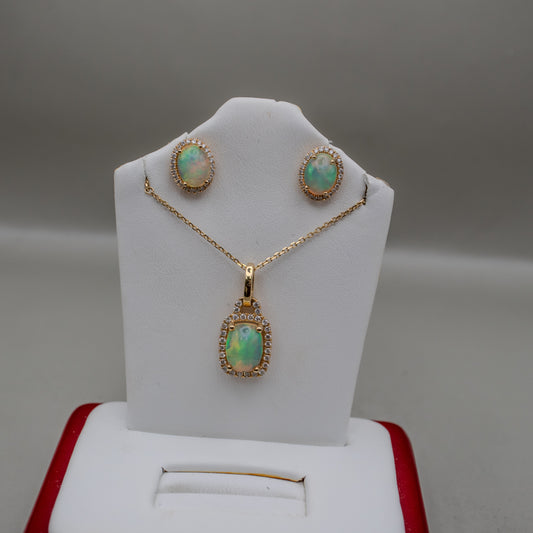 14K Yellow Gold Ethiopian Opal Diamond Earrings & Necklace Set