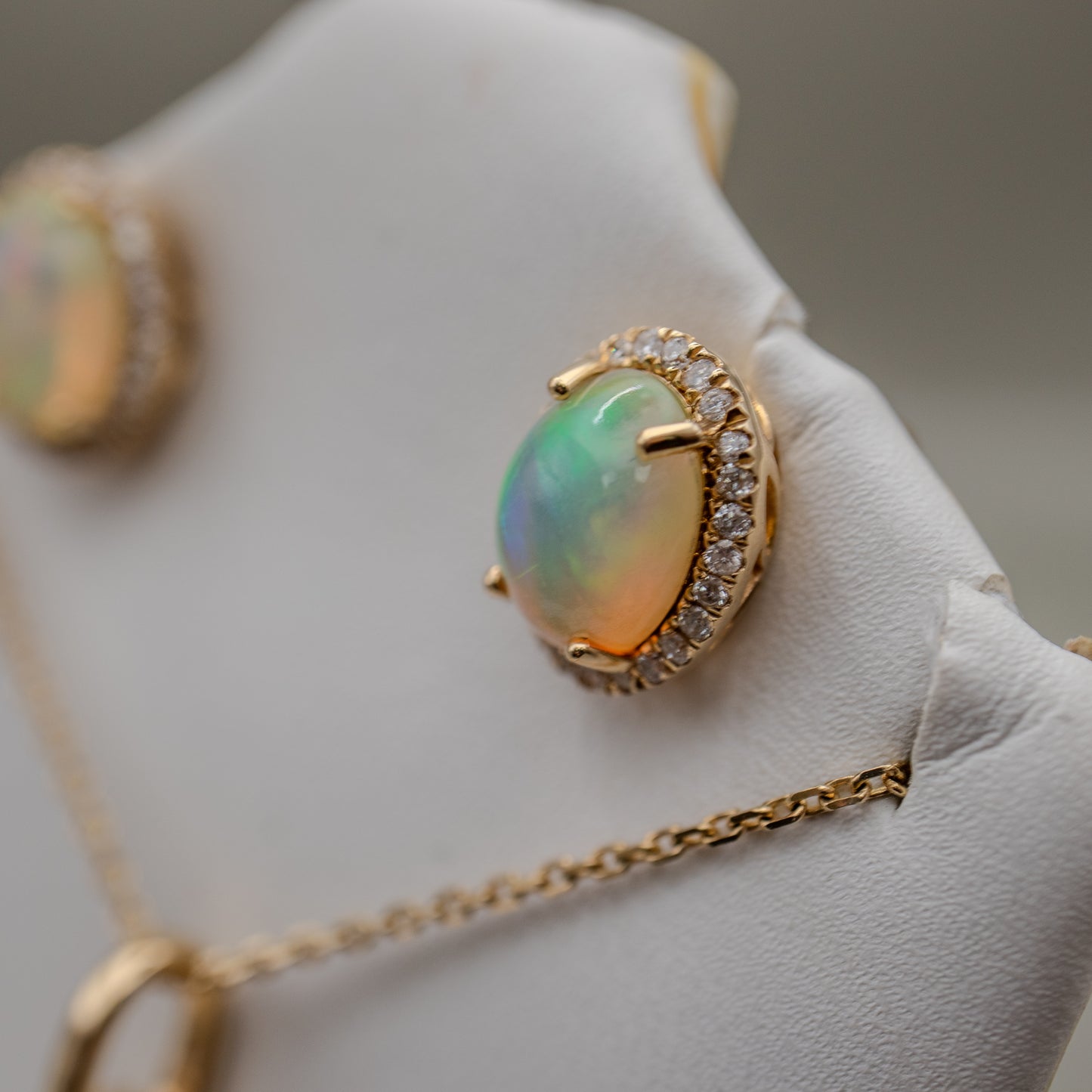 14K Yellow Gold Ethiopian Opal Diamond Earrings & Necklace Set