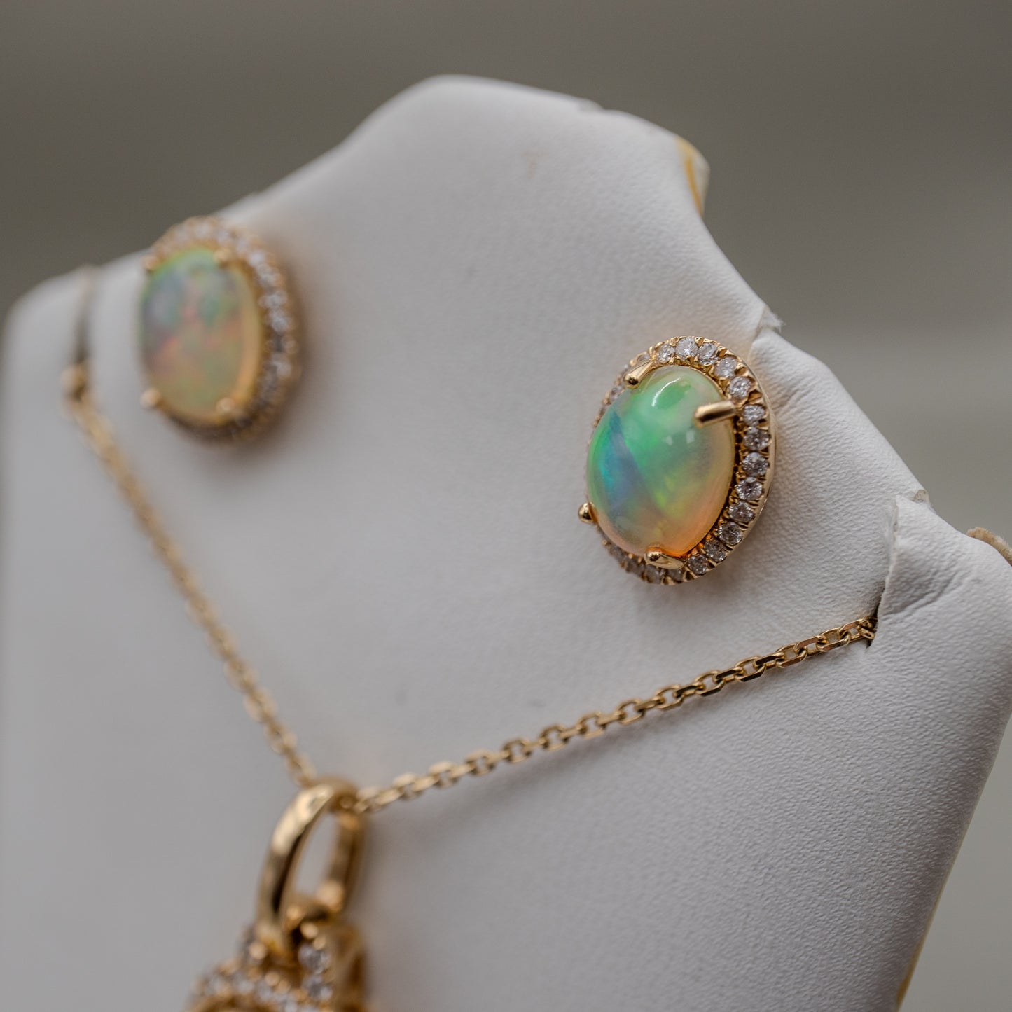 14K Yellow Gold Ethiopian Opal Diamond Earrings & Necklace Set