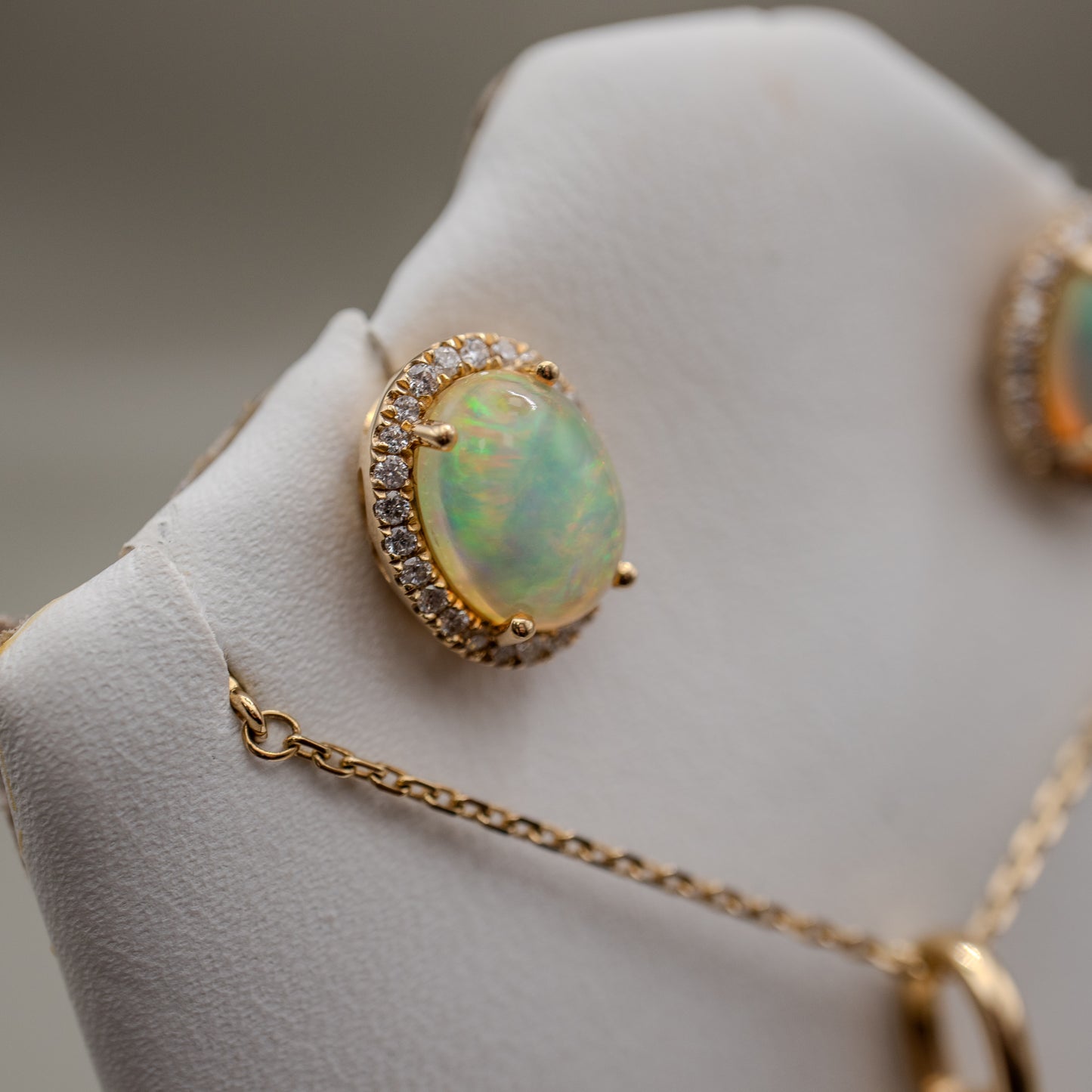 14K Yellow Gold Ethiopian Opal Diamond Earrings & Necklace Set