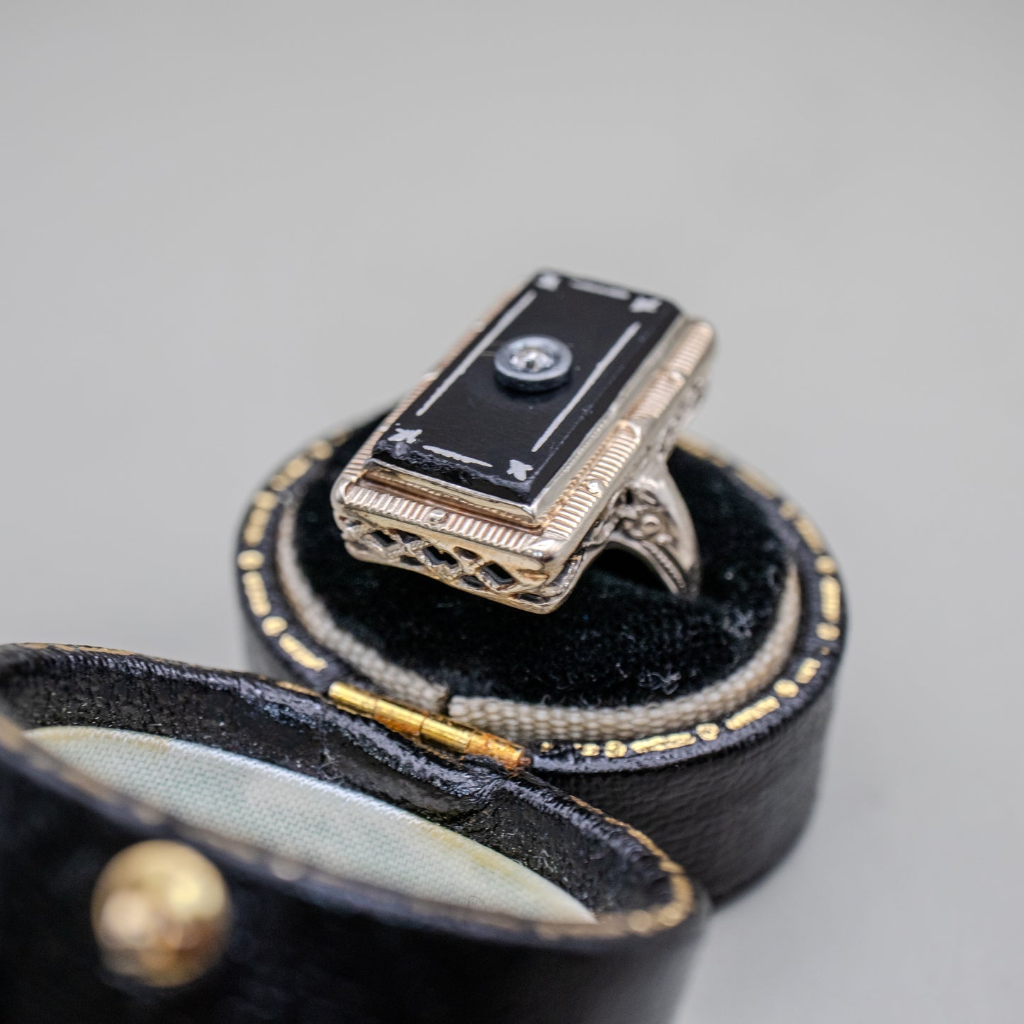 Antique 14K White Gold Art Deco Onyx Filigree Ring with Enamel Detail