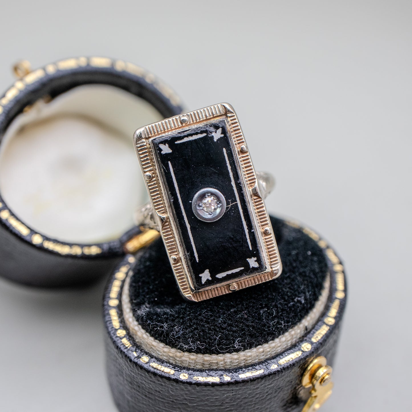 Antique 14K White Gold Art Deco Onyx Filigree Ring with Enamel Detail