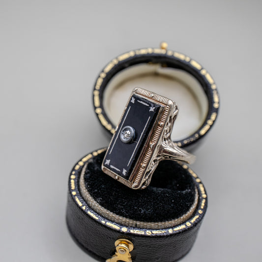 Antique 14K White Gold Art Deco Onyx Filigree Ring with Enamel Detail