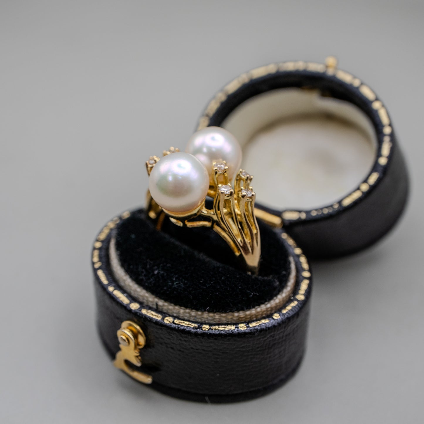 Vintage 14K Yellow Gold Cultured Akoya Pearl Ring with Diamond Accents