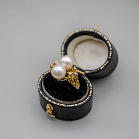 Vintage 14K Yellow Gold Cultured Akoya Pearl Ring with Diamond Accents