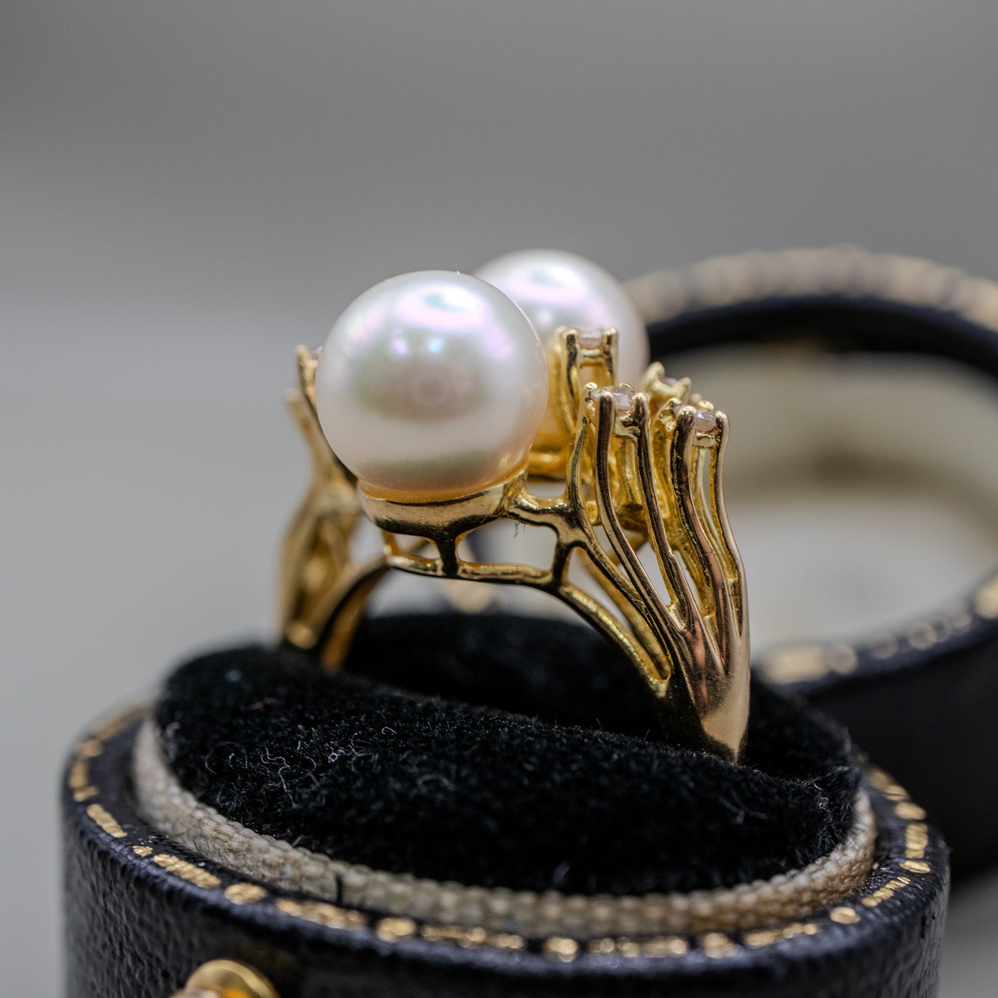 Vintage 14K Yellow Gold Cultured Akoya Pearl Ring with Diamond Accents