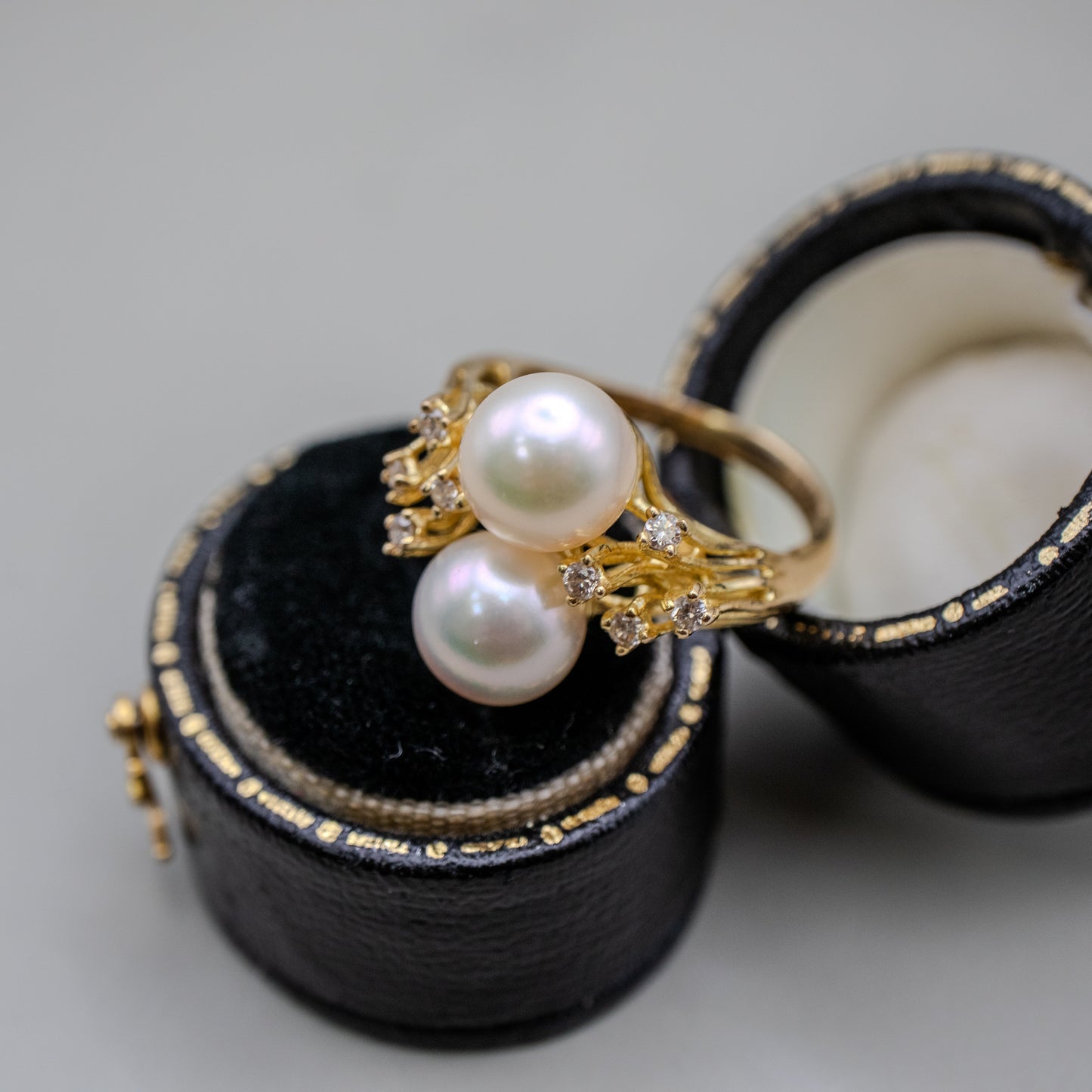 Vintage 14K Yellow Gold Cultured Akoya Pearl Ring with Diamond Accents