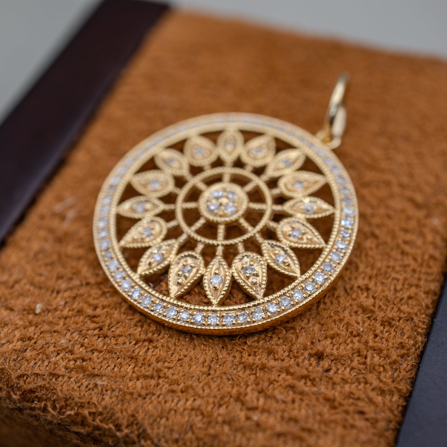 Round Openwork 14K Yellow Gold Filigree Diamond Pendant