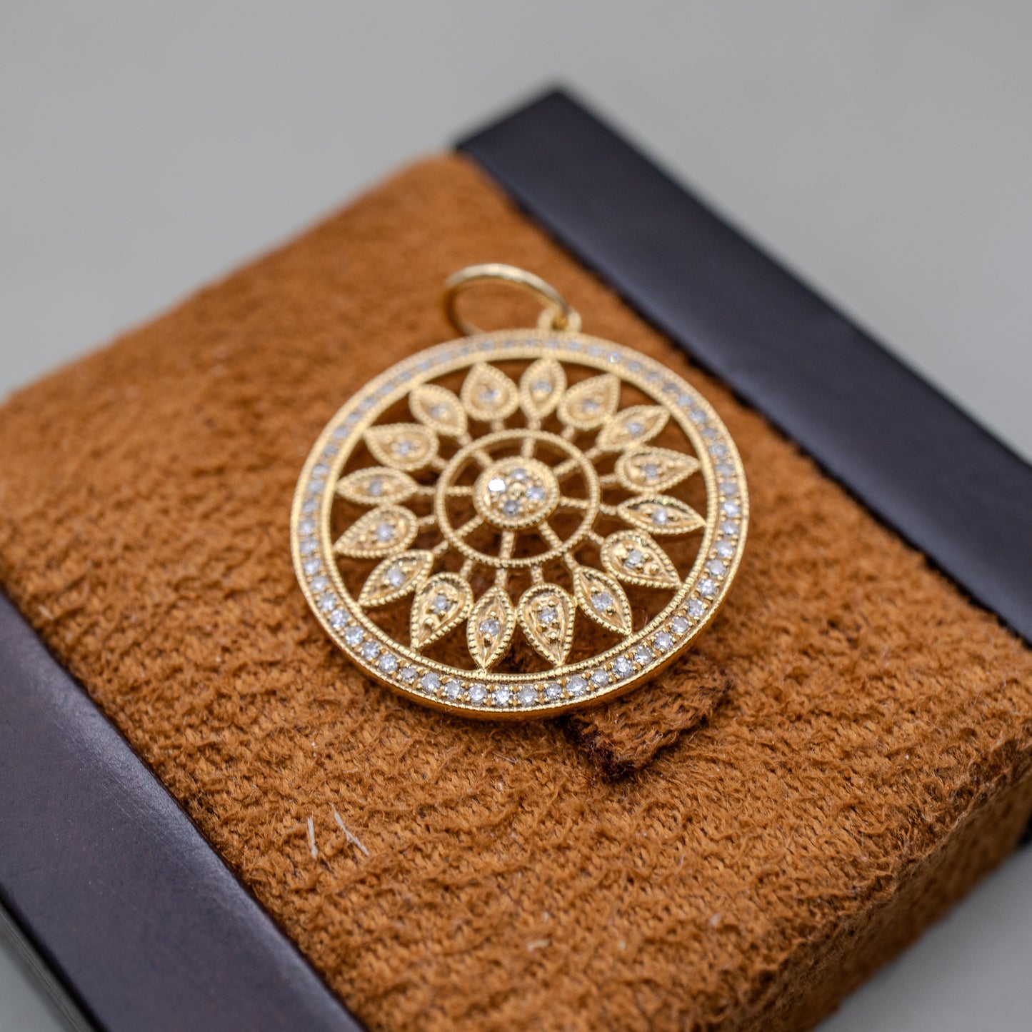 Round Openwork 14K Yellow Gold Filigree Diamond Pendant