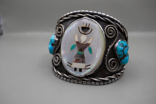 Handmade Native American Silver Bangle Bracelet with Turquoise and Mother of Pearl Inlay