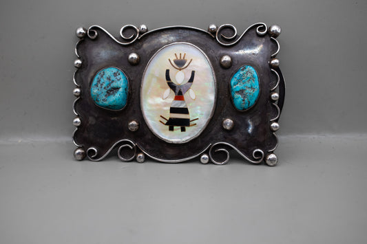 Handmade Native American Silver Belt Buckle with Turquoise and Mother of Pearl Inlay