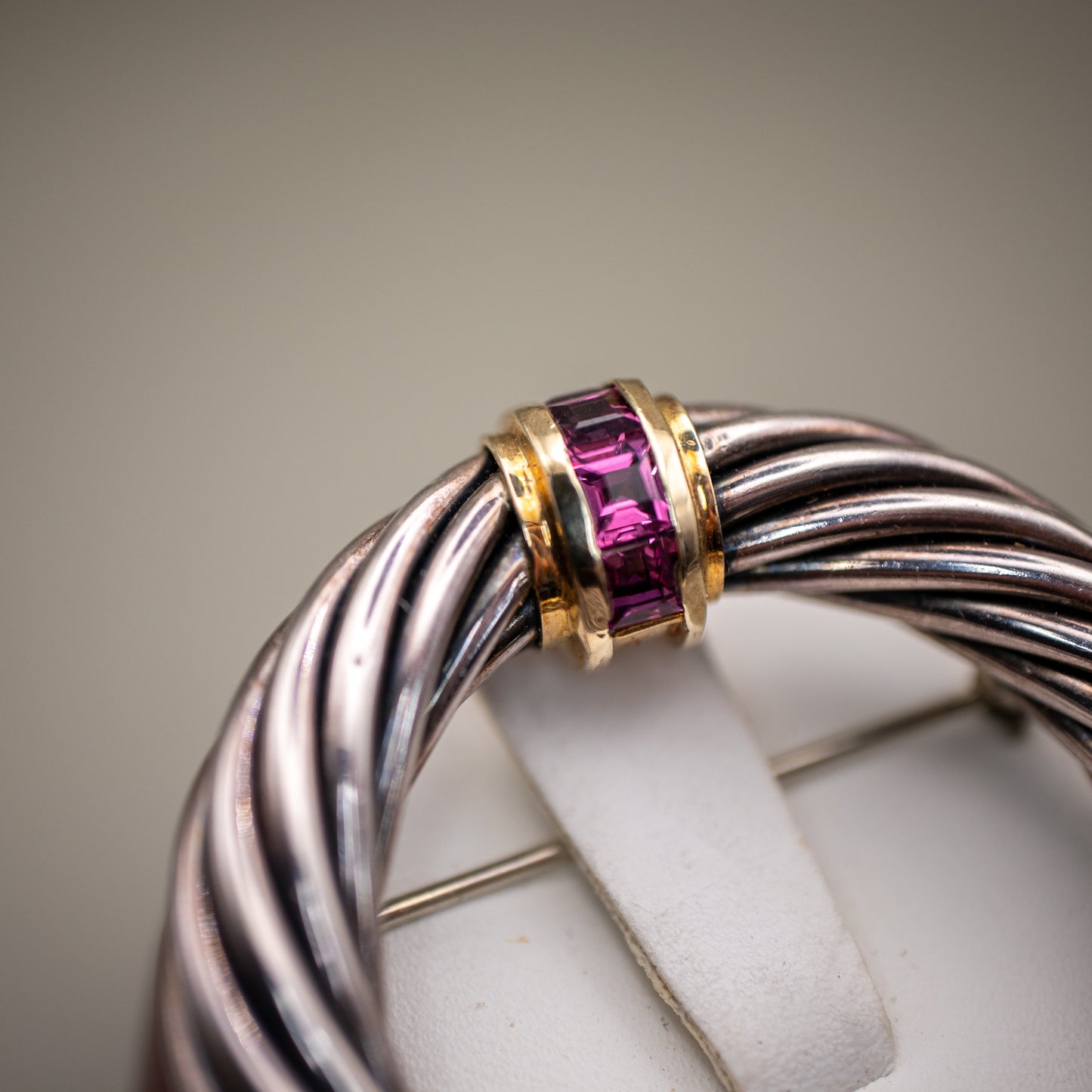 David Yurman Amethyst Silver and 14K Yellow Gold Cable Pin