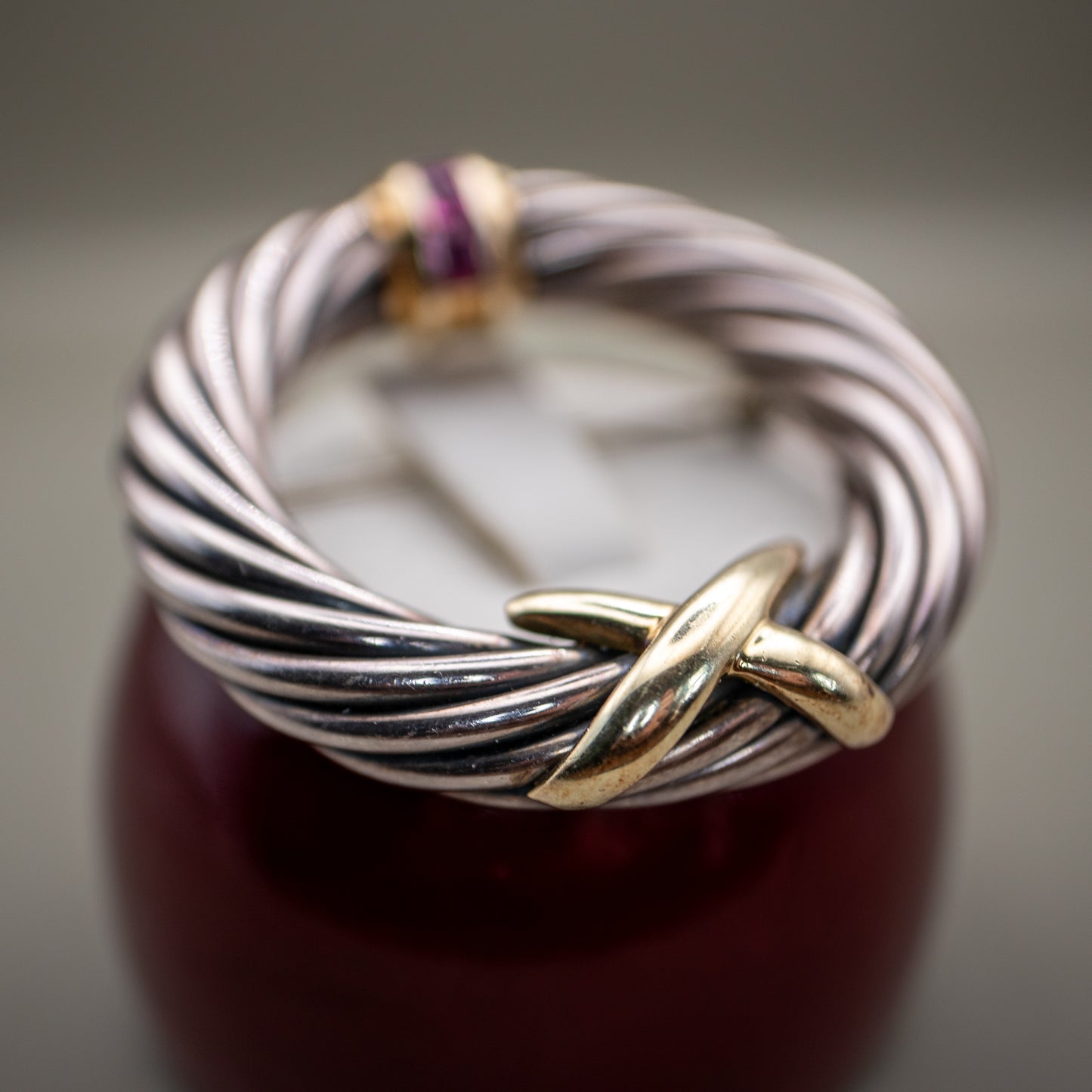 David Yurman Amethyst Silver and 14K Yellow Gold Cable Pin