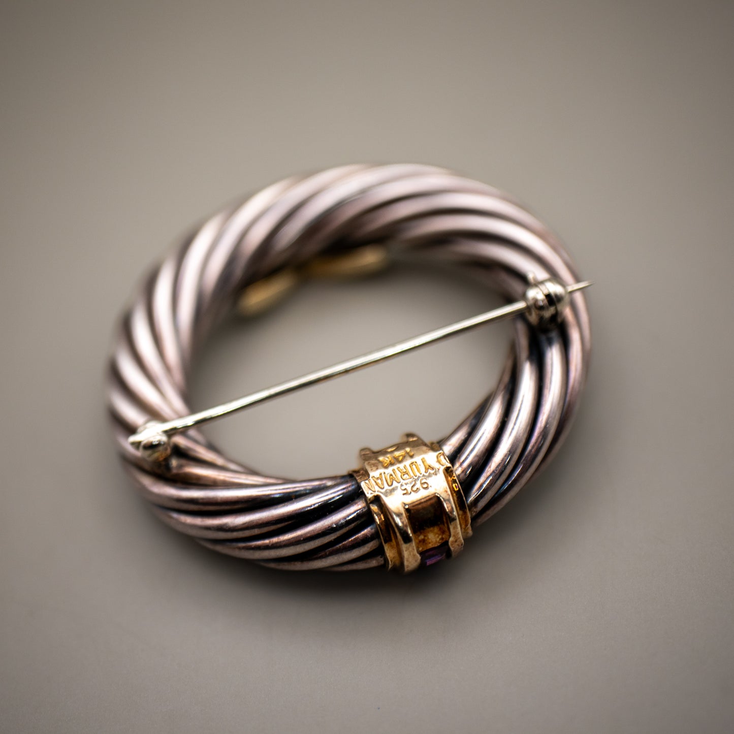 David Yurman Amethyst Silver and 14K Yellow Gold Cable Pin