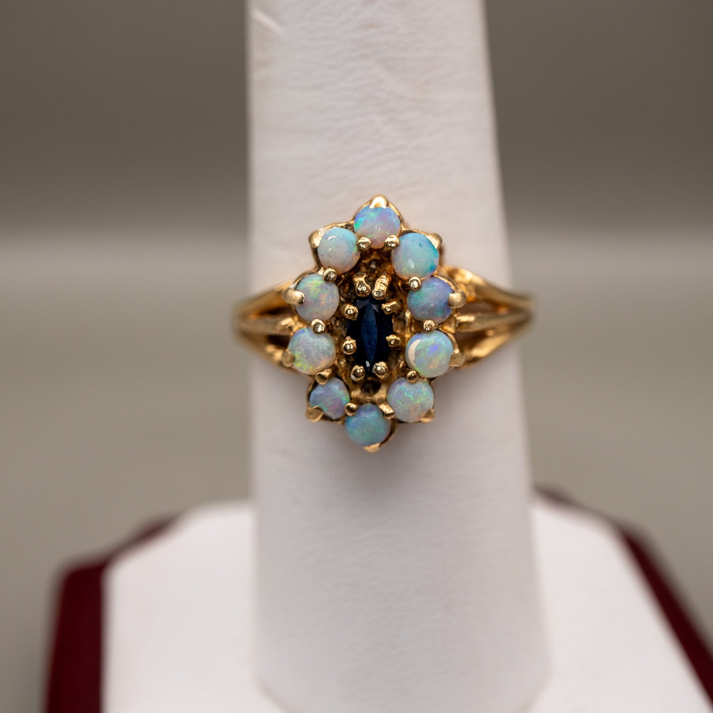 Vintage 10K Yellow Gold Opal and Sapphire Cocktail Ring