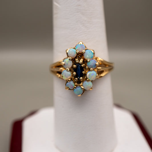 Vintage 10K Yellow Gold Opal and Sapphire Cocktail Ring