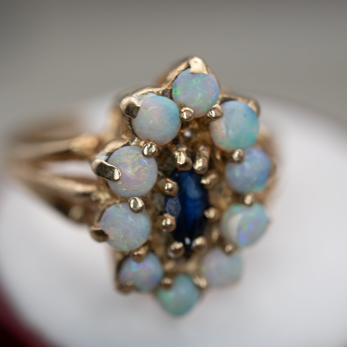 Vintage 10K Yellow Gold Opal and Sapphire Cocktail Ring