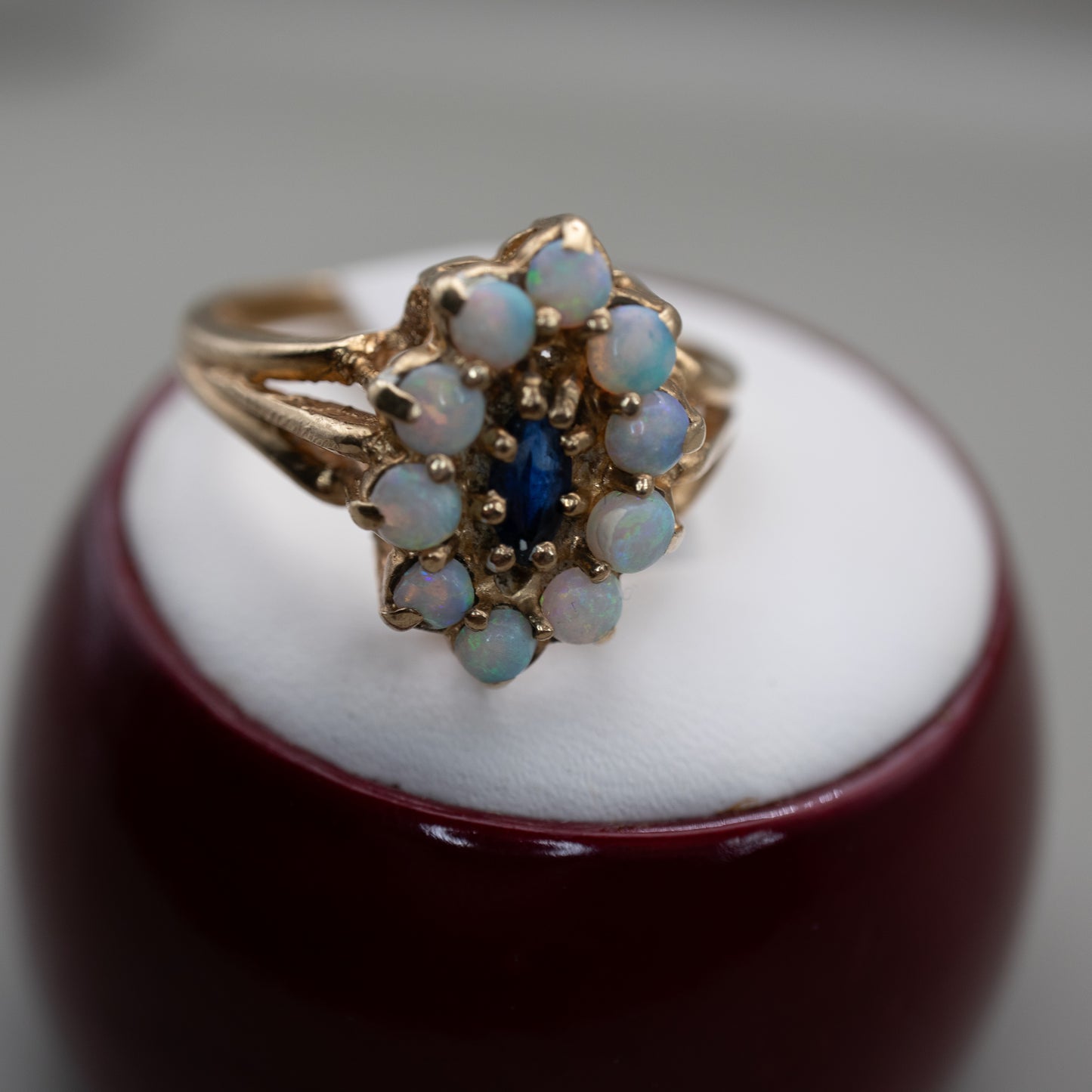 Vintage 10K Yellow Gold Opal and Sapphire Cocktail Ring