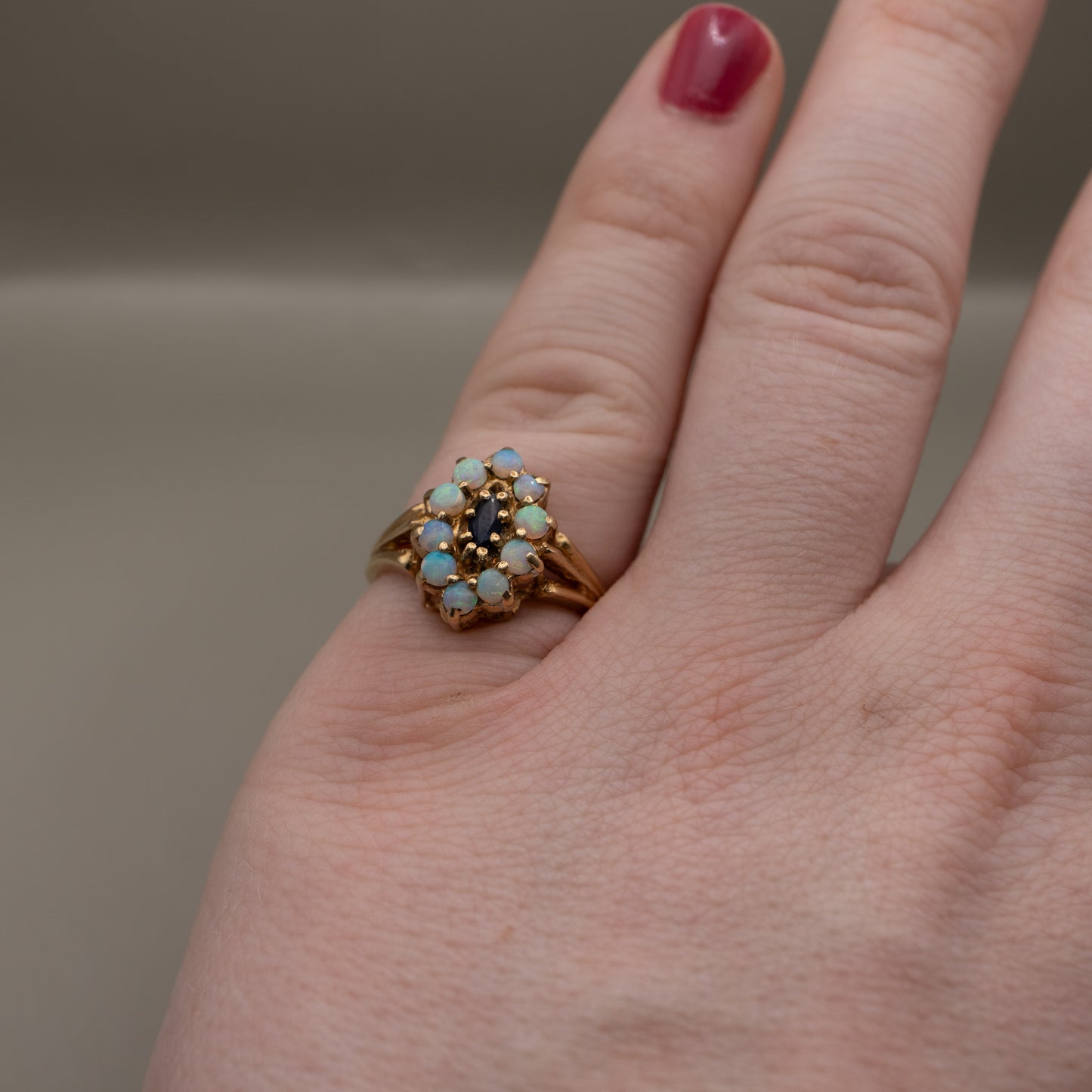 Vintage 10K Yellow Gold Opal and Sapphire Cocktail Ring