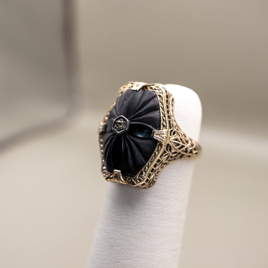 Antique 14K White Gold Black Onyx and Diamond Filigree Ring